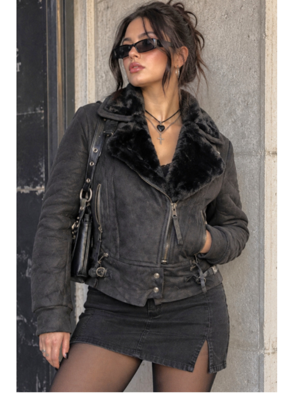 Miss Me Y2K Faux Leather Knit Mixed Media Moto Jacket Faux Fur Collar L